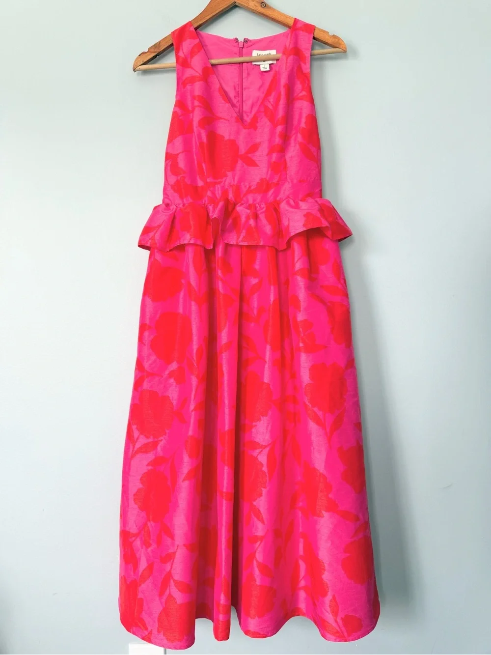 Kate Spade Pink Floral Midi Dress Peplum Ruffle V Neck Sleeveless Size 0
